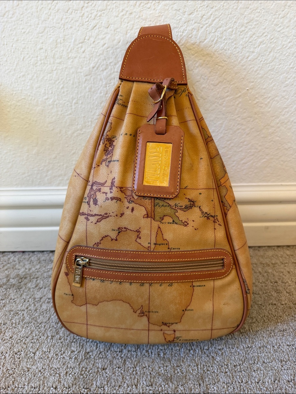 Vintage Alviero Martini 1A Classe Tan Map-Print Leather Sling Shoulder Bag